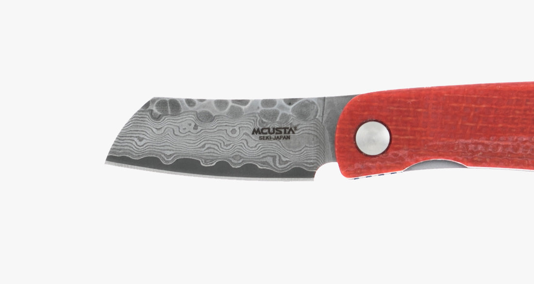MCUSTA Jute Micarta Damascus Orange Blue