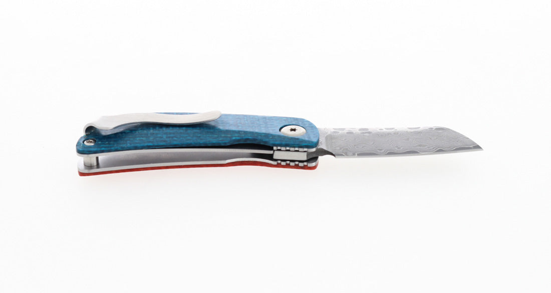 MCUSTA Jute Micarta Damascus Orange Blue